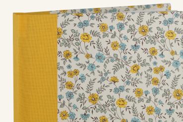 Notizbuch gelb, kleine Blüten, gelb, hellblau